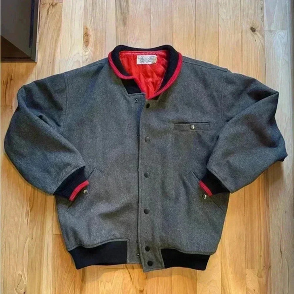 "Perry Ellis Levi Strauss ""AMERICA"" Vtg Bomber Wool Grey Jacket Large Korea" L - Picture 1 of 6